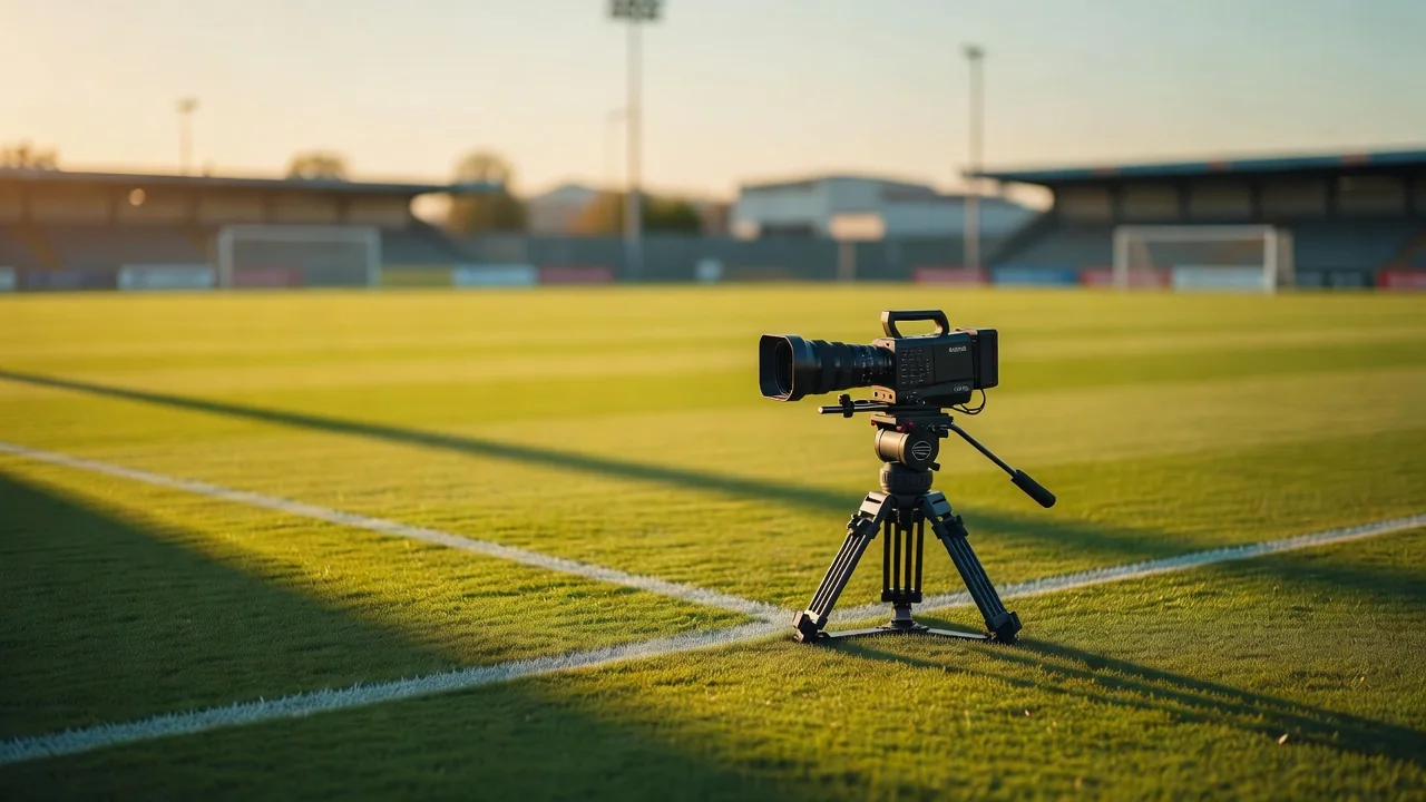 A television camera on a tripod beside a football touchline